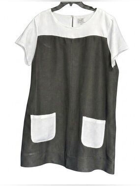 100% Linen Toofan Black White Color Block Shift Dress Pockets Size L